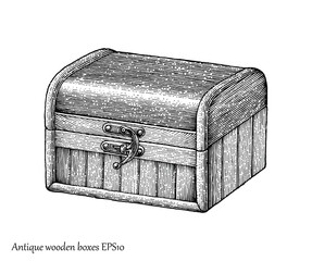Antique wooden boxes hand drawing engraving style