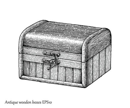 Antique wooden boxes hand drawing engraving style