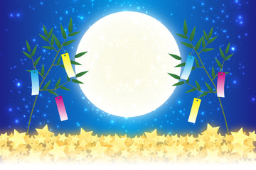 和風背景イラスト素材 七夕祭り 短冊 笹飾り 伝統行事 天の川 星屑 キラキラ 七月 夏 織姫 彦星 Wall Mural Tomo00