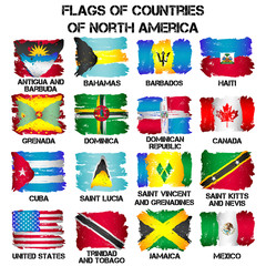 Set of flags of North America countries from brush strokes in grunge style isolated on white background. Vector illustration