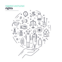 Migration and human right. Modern thin line design including symbols of protecting, safety, support of migrants. Vector illustration on white background.