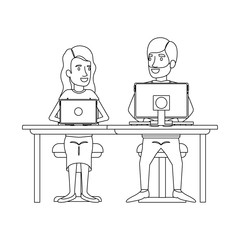monochrome silhouette of teamwork of woman and man sitting in desk with tech devices and her with long wavy hair and him with beard and formal suit vector illustration