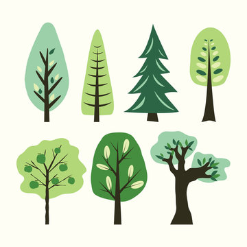 A set of different cartoon trees. Vector