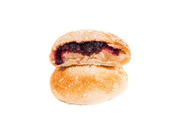 round pie with a sweet filling, currants, blueberries, jam, close-up, isolate, white background, bakery, menu