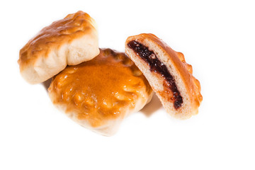 baked pies with sweet filling, berry jam, jam, white background, isolate.