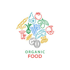 Digital blue green yellow red vegetable icons set infographics drawn simple line art pattern, onion squash pear orange apple grape carrot wallnut peas watermelon cabage, flat, organic vegetarian food