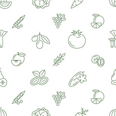 Digital green vegetable icons set infographics drawn simple line art pattern, onion squash pear orange apple grape carrot wallnut peas watermelon cabage, flat, organic vegetarian food