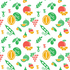 Digital green yellow vegetable icons set infographics drawn simple line art pattern, onion squash pear orange apple grape carrot wallnut peas watermelon cabage, flat, organic vegetarian food