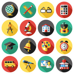 Digital vector red green blue school icons infographics with drawn simple line art, telescope map globe hat bell clock pen ruler book apple girl boy pupil brush calculator bus building bag, flat style