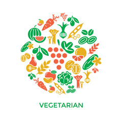 Digital green red yellow vegetable icons set infographics drawn simple line art pattern, onion squash pear orange apple grape carrot wallnut peas watermelon cabage, flat, organic vegetarian food chain