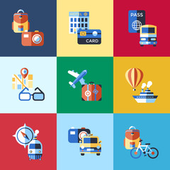 Digital vector red blue travel icons set with drawn simple line art info graphic poster promo, ship boat camera balloon luggage compass air plane map globe taxi card hotel bicycle free, flat style