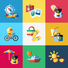 Digital vector blue red travel icons set with drawn simple line art info graphic poster promo, ship boat camera balloon luggage compass air plane map globe taxi card hotel bicycle free, flat style