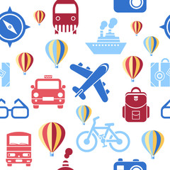 Digital vector green summer time travel transport icons set with drawn simple line art info graphic seamless pattern, ship boat camera balloon compass air plane map globe taxi card hotel, flat style