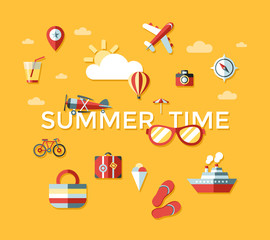 Digital vector yellow travel icons set with drawn simple line art info graphic poster promo, ship boat camera balloon luggage compass air plane map globe taxi card hotel bicycle free, flat style