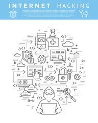 Digital vector blue internet security data protection icons set drawn simple line art info graphic poster, hacker user bug vulnerability mobile email trojan malware bank cloud spy mask, flat