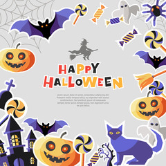 Digital vector silver purple happy halloween icons with drawn simple line art info graphic, presentation with bats, cat and pumpkin elements around promo template, flat style
