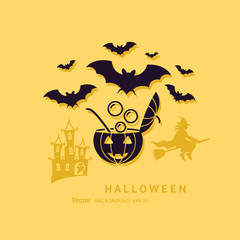 Digital vector yellow black happy halloween icons with drawn simple line art info graphic, presentation with bats, cat and pumpkin elements around promo template, flat style