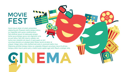 Digital vector blue cinema icons with drawn simple line art info graphic, presentation with movie fest, fun and  mask elements around promo template, flat style