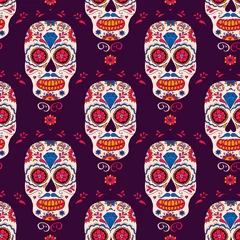Behang Schedel Hand getekend Mexicaanse dag van de doden naadloze patroon. Vector kleurrijke suikerschedel met bloemenornament.