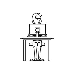 monochrome silhouette of woman with ponytail hair and sitting in chair in desk with computer vector illustration