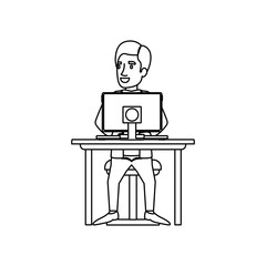 monochrome silhouette of man with formal suit sitting in chair in desk with computer vector illustration