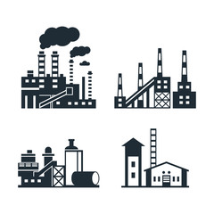 Digital vector black factory pollution icons with drawn simple line art info graphic, presentation with plant, smoke, environment and energy elements around promo template, flat style