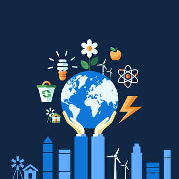 Digital vector blue ecology icons with drawn simple line art info graphic, hand holding planet earth, presentation with recycle, alternative energy elements around promo poster template, flat style