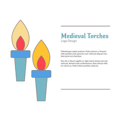 Two Medieval flame torches. Double torch logo, flat and thin line style isolated on white background. Colorful medieval theme symbol. Simple medieval pictogram, logotype template. Vector illustration.