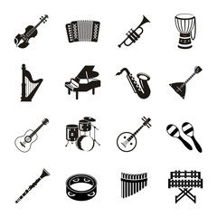 Digital vector black music instruments icons with drawn simple line art info graphic, presentation with guitar, piano, drums and sound elements around promo template, flat style