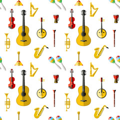 Naklejka premium Digital vector blue red music instruments icons with drawn simple line art info graphic, seamless pattern, presentation with guitar, piano, drums and sound elements around promo template, flat style