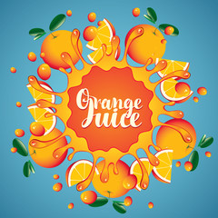 Vector banner with inscription orange juice. Whole oranges and slices arranged in a circle and squirt juice on blue background