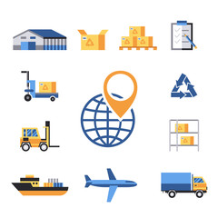 Digital vector yellow blue warehouse icons with drawn simple line art info graphic, presentation with transport, globe and storage depositing logistic elements around promo template, flat style