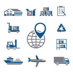 Digital vector silver blue warehouse icons with drawn simple line art info graphic, presentation with transport, globe and storage depositing logistic elements around promo template, flat style