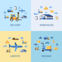 Naklejka premium Digital vector yellow blue warehouse icons with drawn simple line art info graphic, presentation with transport, globe and storage depositing logistic elements around promo template, flat style