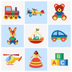 Digital vector blue yellow children toys icons with drawn simple line art info graphic, presentation with bear, plane and bunny elements around promo template, flat