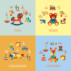Digital vector blue yellow children toys icons with drawn simple line art info graphic, presentation with bear, plane and bunny elements around promo template, flat