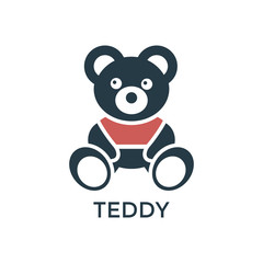 Digital vector black red big teddy bear children toy icons with drawn simple line art info graphic, promo template, flat