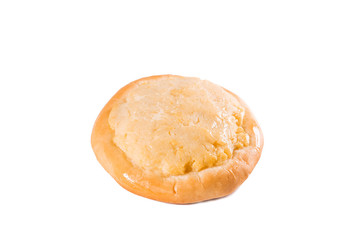 Fototapeta premium round pastry with curd cheese filling on top, white background, isolate