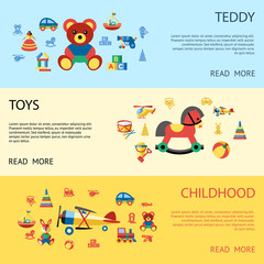 Fototapeta premium Digital vector blue yellow children toys icons with drawn simple line art info graphic, presentation with bear, plane and bunny childhood elements around promo template, flat