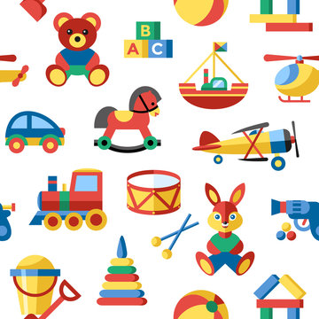 Digital vector blue yellow children toys icons with drawn simple line art info graphic, seamless pattern, presentation with bear, plane and bunny elements around promo template, flat