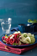 spiralized beet and cucumber salad with avocado dressing, healthy vegan meal