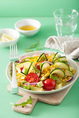 spiralized courgette salad with sweetcorn tomato avocado, healthy vegan meal