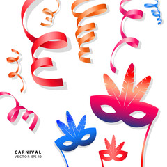 Digital vector blue red yellow carnival masks with drawn simple line art info graphic, presentation with ribbon strip and stars elements around promo template, flat