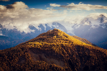 Location place Upper Svaneti, Mestia, Georgia, Europe. High Caucasus ridge.