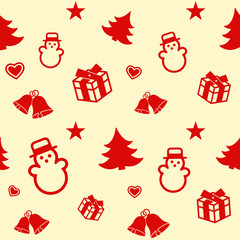 Digital vector yellow white happy new year merry christmas icons with drawn simple line art info graphic, seamless pattern, presentation with toys and gifts elements around promo template, flat style