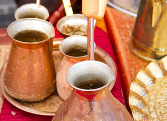 Turks for cooking coffee from copper.Shallow depth of field.