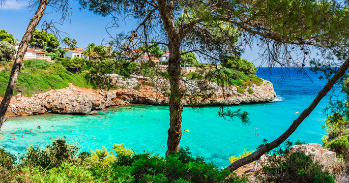 Idyllic bay Cala Anguila, beach Majorca coast Spain Mediterranean Sea
