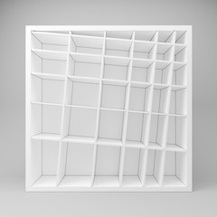 Shelves asymmetric on gray background, render illustration