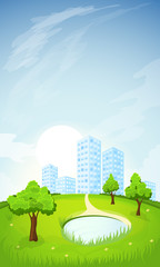 Rural summer landscape with city and lake