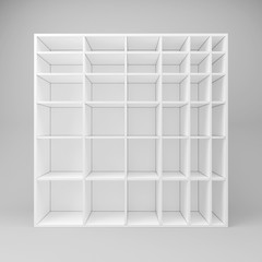 Shelves asymmetric on gray background, render illustration